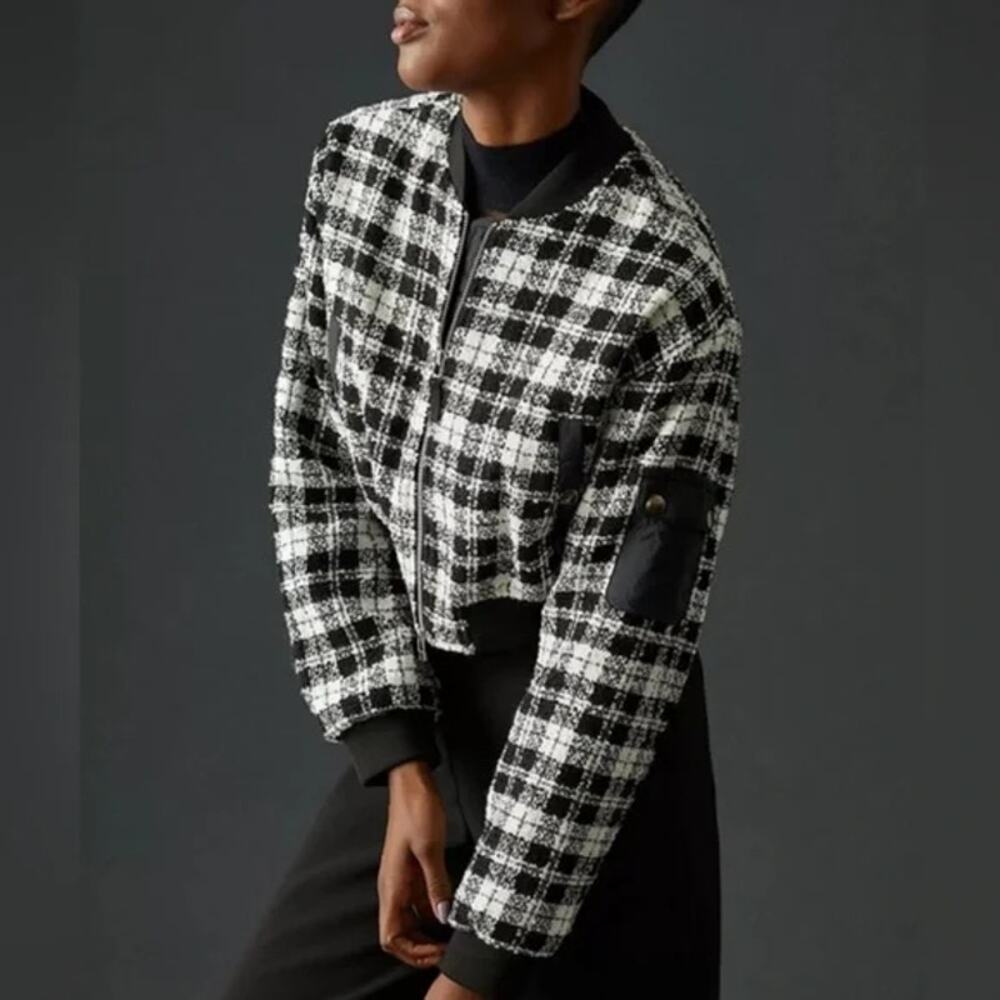 Anthropologie Maeve Black White Plaid Cropped Tweed Bomber Jacket LARGE - Picture 10 of 12